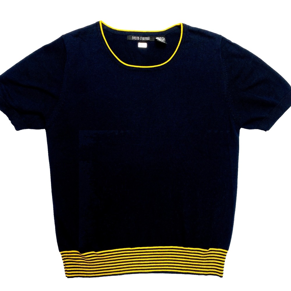 Evelyn & Arthur Knit Top Womens Medium Navy Short Sleeve Blouse Strip Crewneck